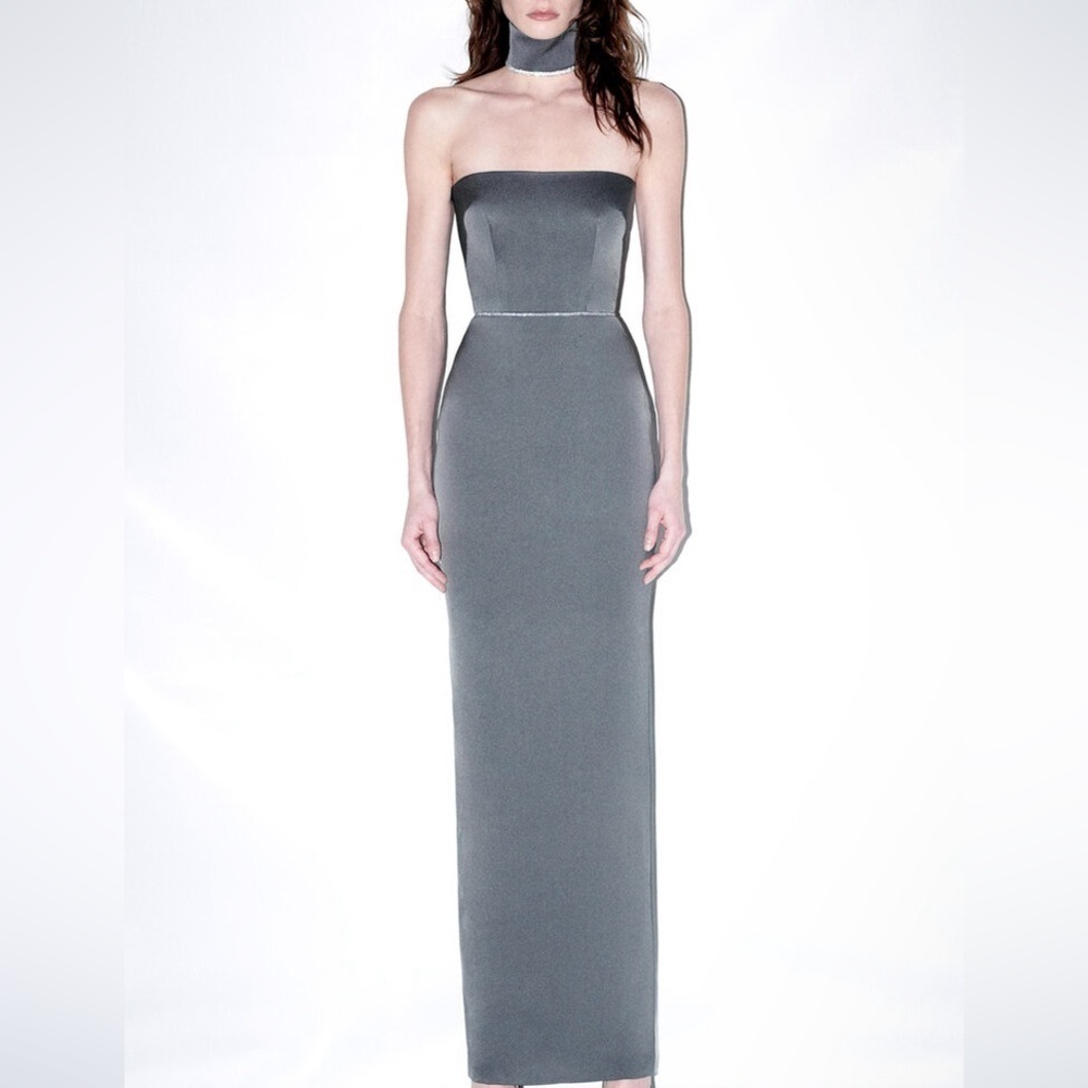 Alex Perry Crystal-Trimmed Strapless Satin Column Dress With Neck Cuff